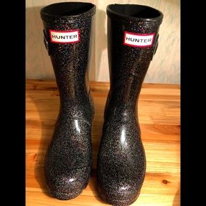 HUNTER WOMENS BLACK GLITTER RAIN BOOTS